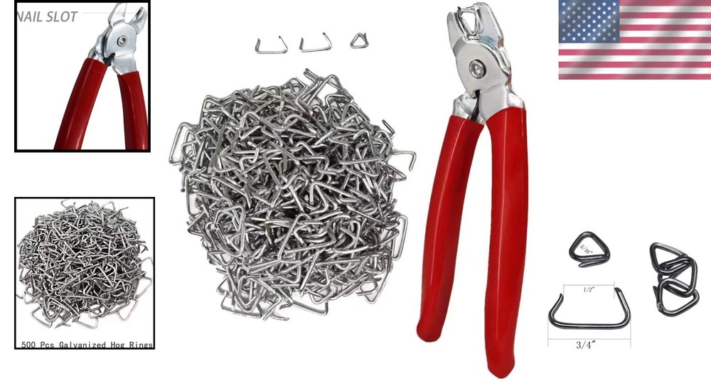 Spring-Loaded Hog Ring Tool Kit with 500 Galvanized Rings for Easy Installation