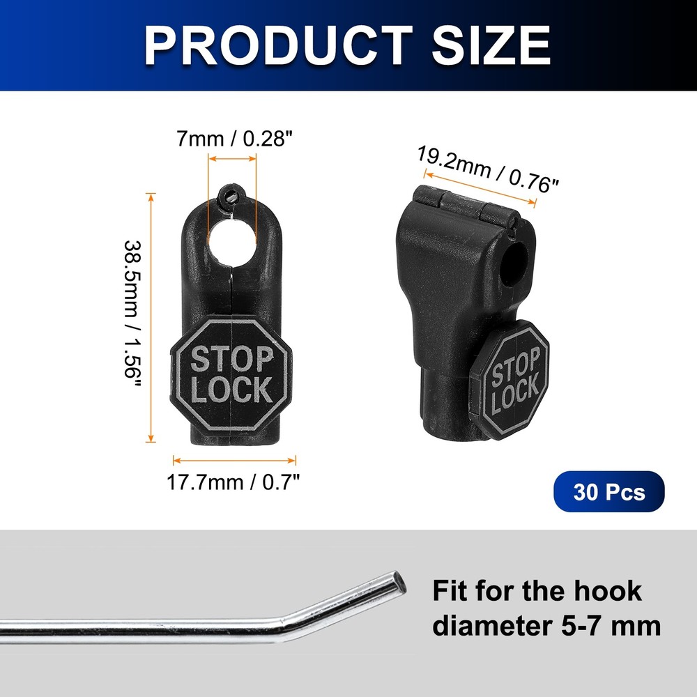 Peg Hook Locks Stop Locks, (7mm,Black) (30Pcs),Plastic Hook with Stop-Lock Sign