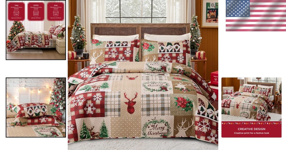 3-Piece Christmas Quilt Set Queen - Luxurious Microfiber with Patchwork Charm