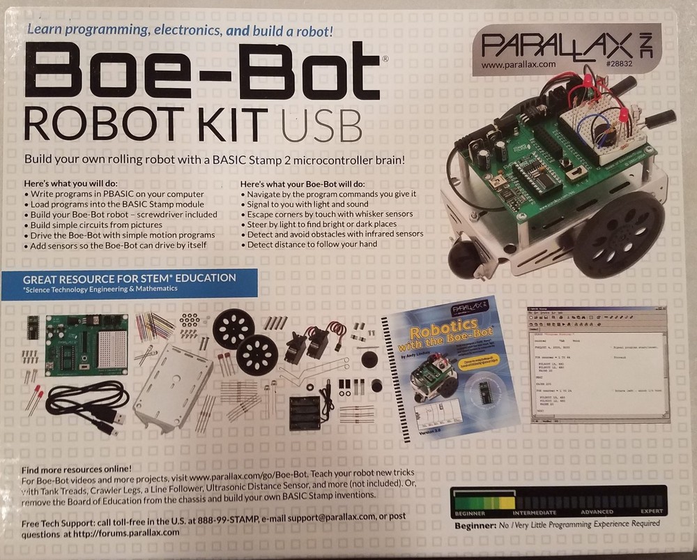 Parallax 28832 Programmable Boe-Bot Robot Kit USB Version No-Solder New in Box