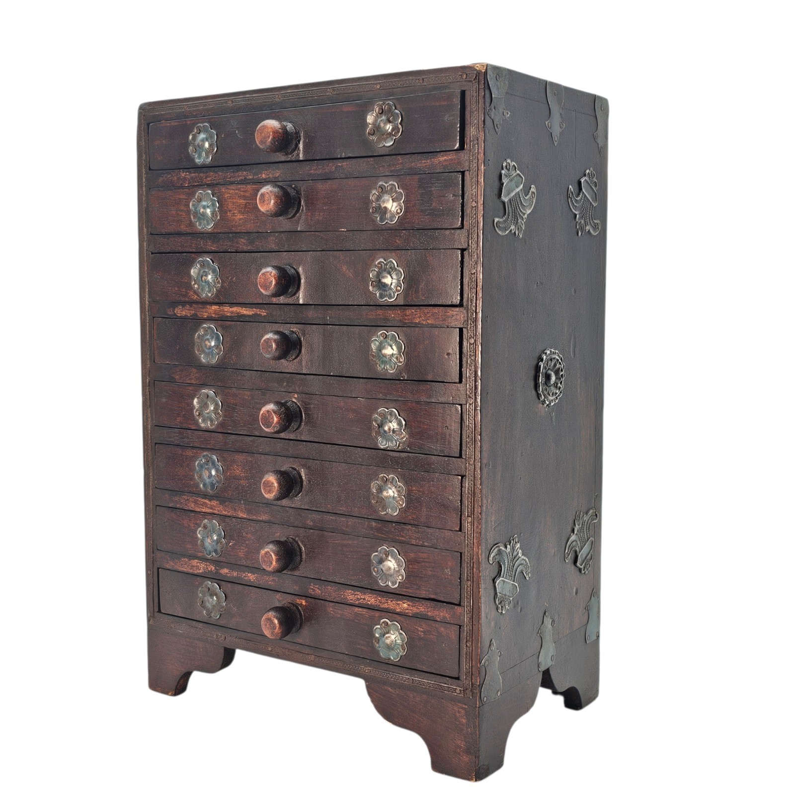 VTG Apothecary Drawer Cabinet 8 Drawer Indian Wood Spice Jewelry Chest (13")