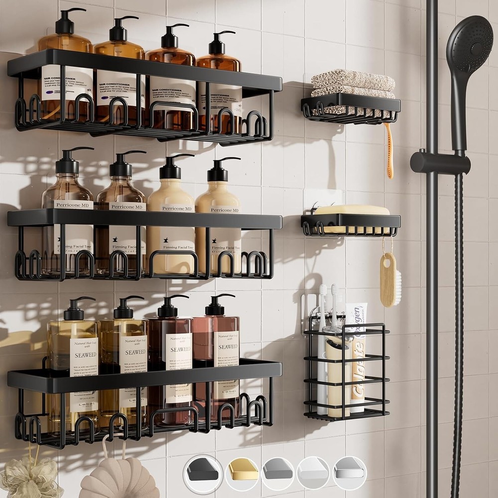 6-Piece Stainless Steel Shower Caddy Set - Rustproof, Adhesive Storage Solution