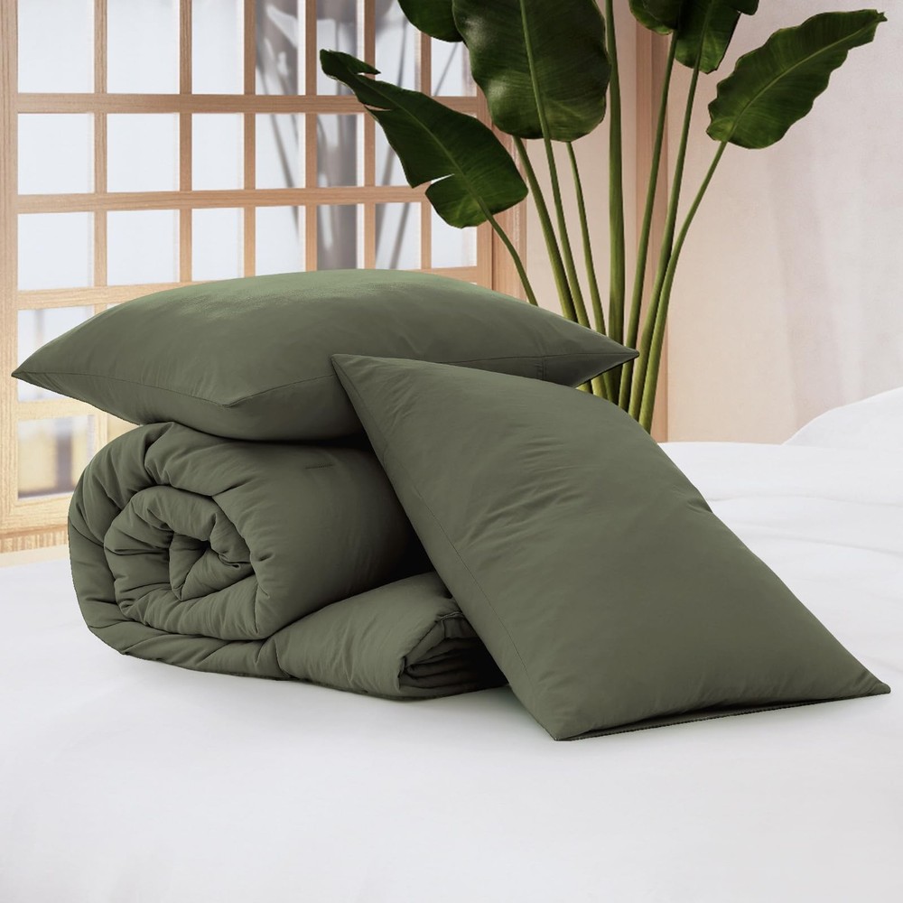 Queen Comforter Set - 3 Pieces Prewashed Olive Green Comforter Soft Lightweig...