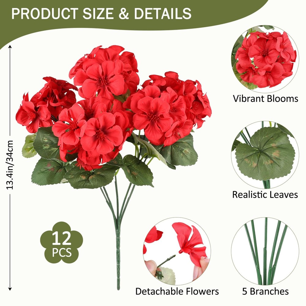 12 Bundles Red Artificial Geranium Flowers for Outdoors Spring Decor Geranium...