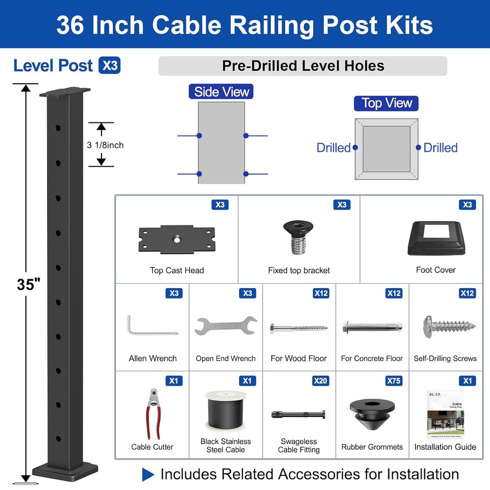 36" Cable Railing Post Kit, 8FT-16FT, Black, Swageless System, 200FT Cable