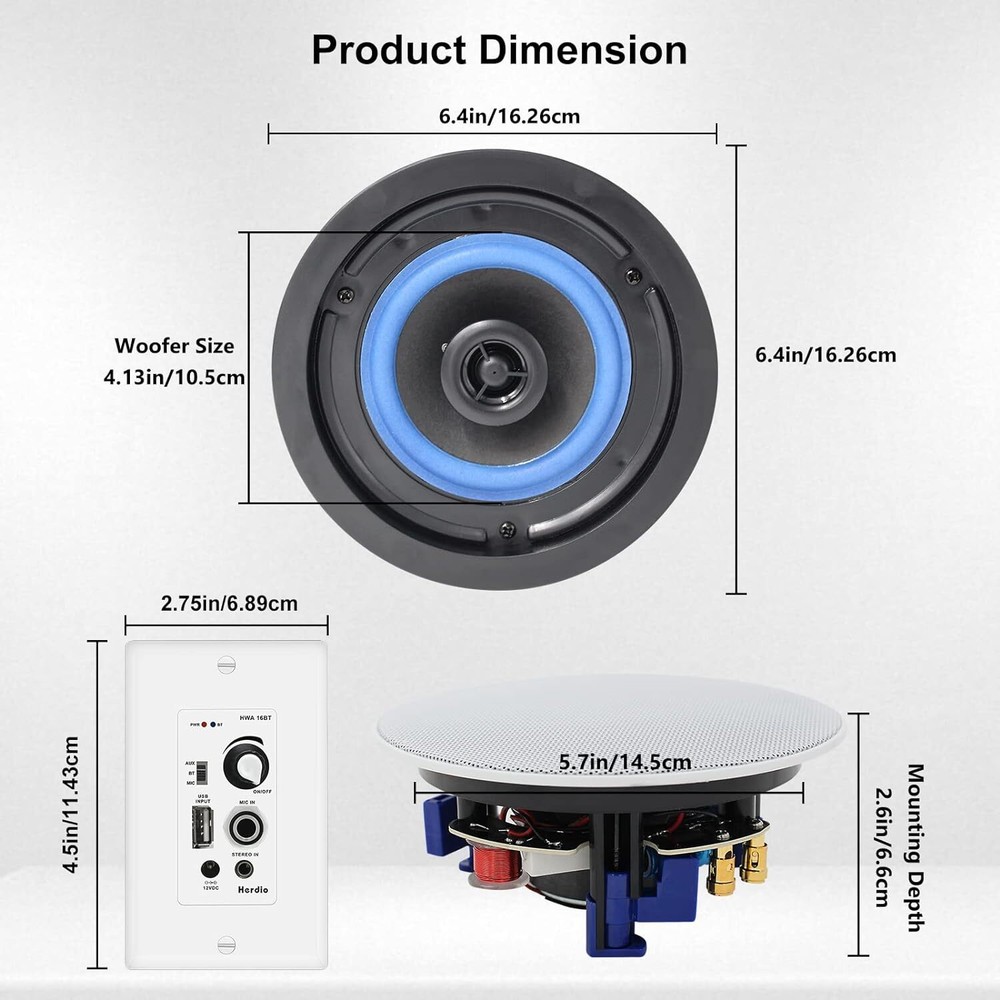 Herdio 2X4" Bluetooth Kitchen Ceiling Speakers 160W +Wall USB Amplifier Receiver
