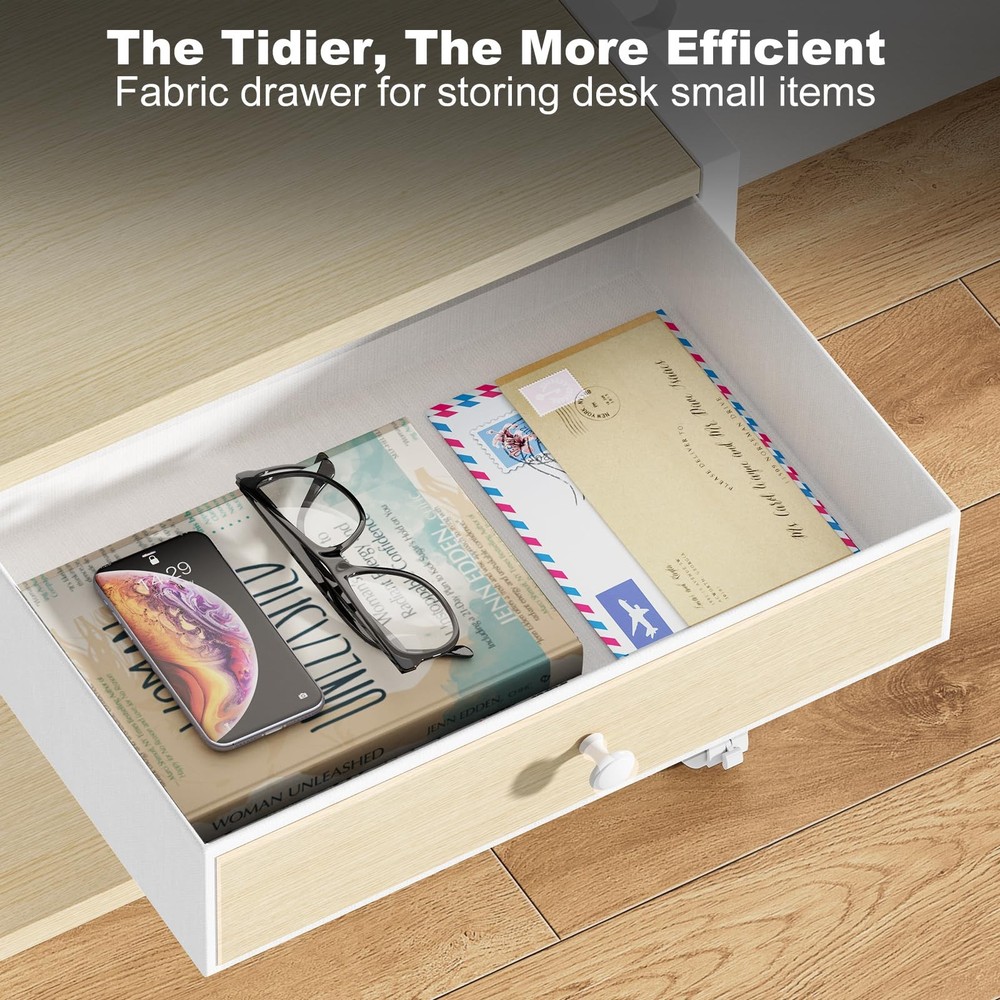 2-Tier Desktop Printer Stand Large Drawer Under Desk Storage Wheels Beige