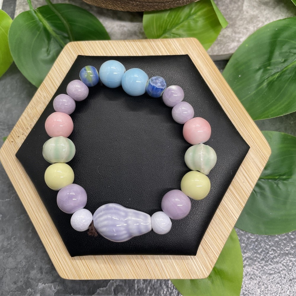 Handmade Ceramic Bead Beaded Stackable 6.5” Plus Stretch Bracelet New B5