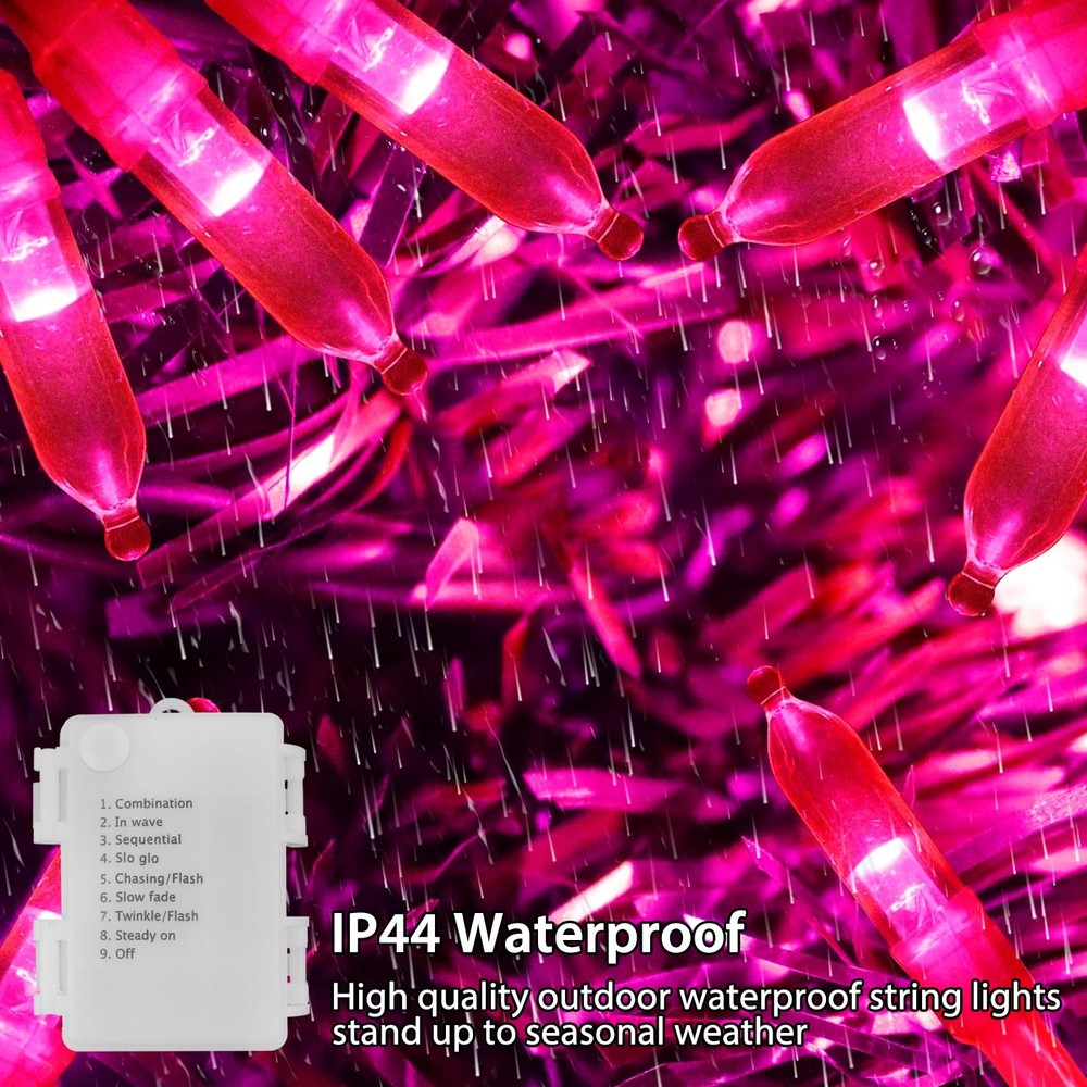 Pink Lights Battery Operated String Lights 33Ft 100 LED with Auto Timer & 8