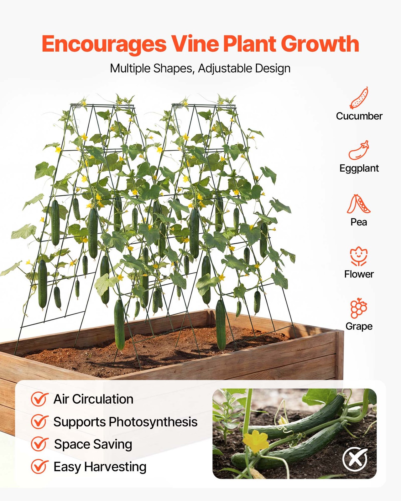 VEVOR Cucumber Trellis 4 Pack A-Frame Metal for Raised Bed Vines 46.06x18.11 in