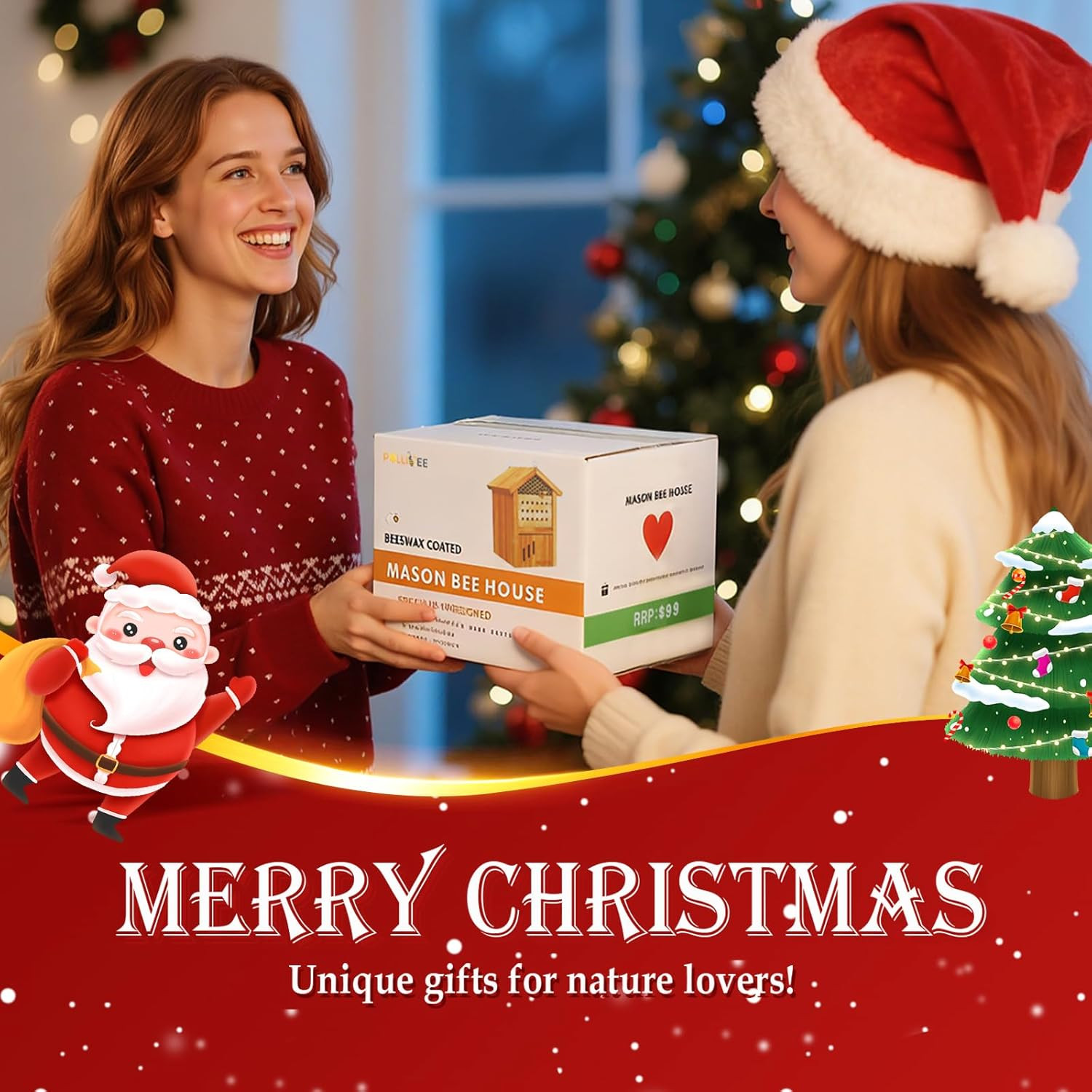 Mason Bee House -Wax Coated Mason House for the Garden, Natural Handmade Wooden