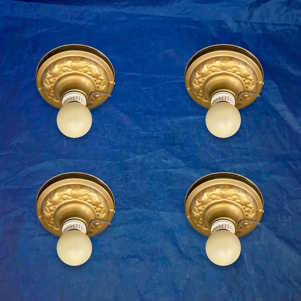 Four 4 Flush Mount Fixtures Pull Chains Polychrome Antique Lights Great 53B