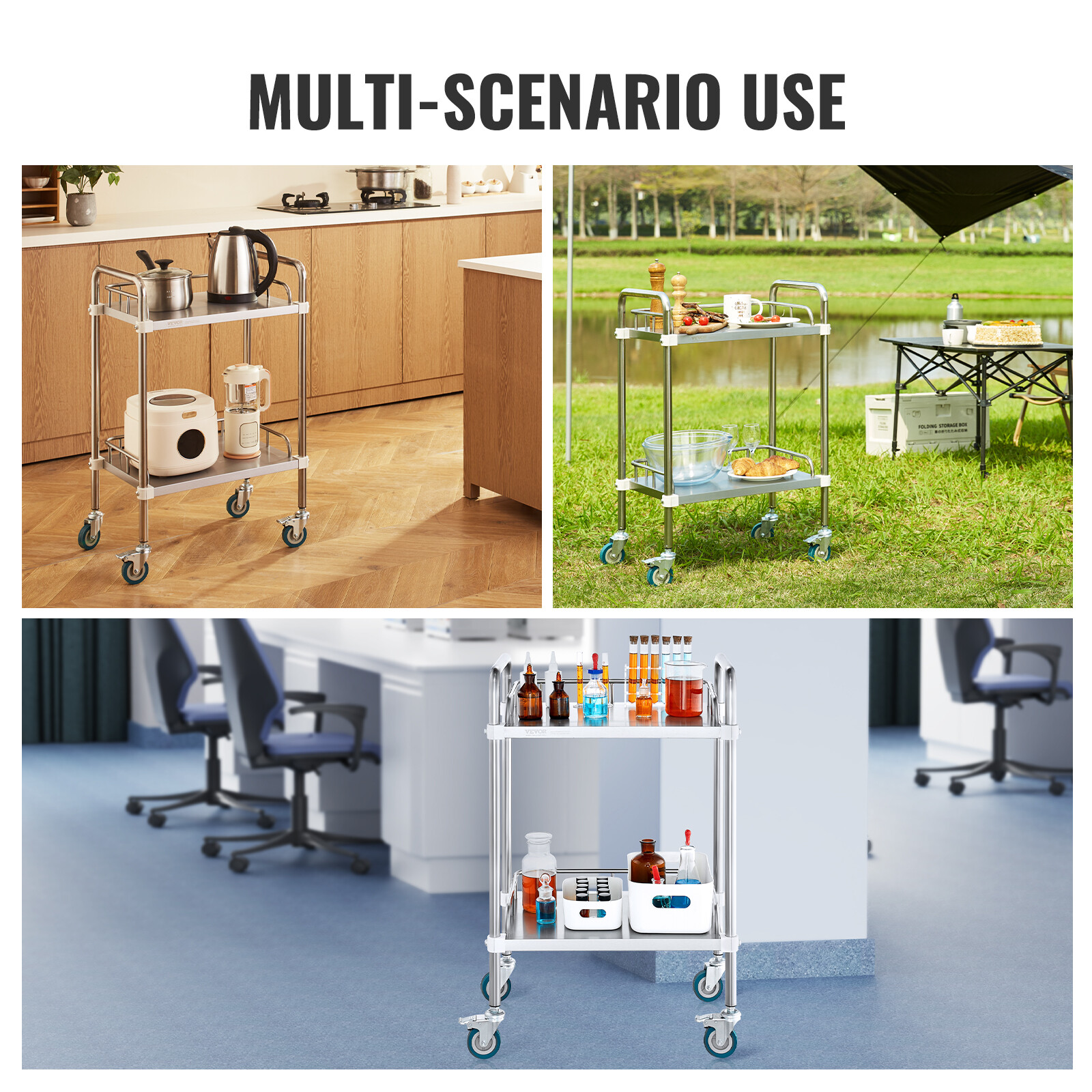 VEVOR Lab Rolling Cart 2-Layer Stainless Steel Medical Dental Lab Serving Cart