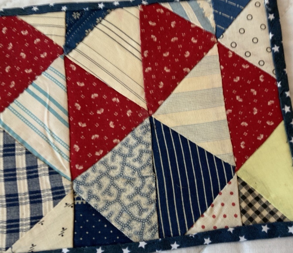 Vintage Antique Patchwork Quilt Table Topper, Early Calicos, Triangles, Multi
