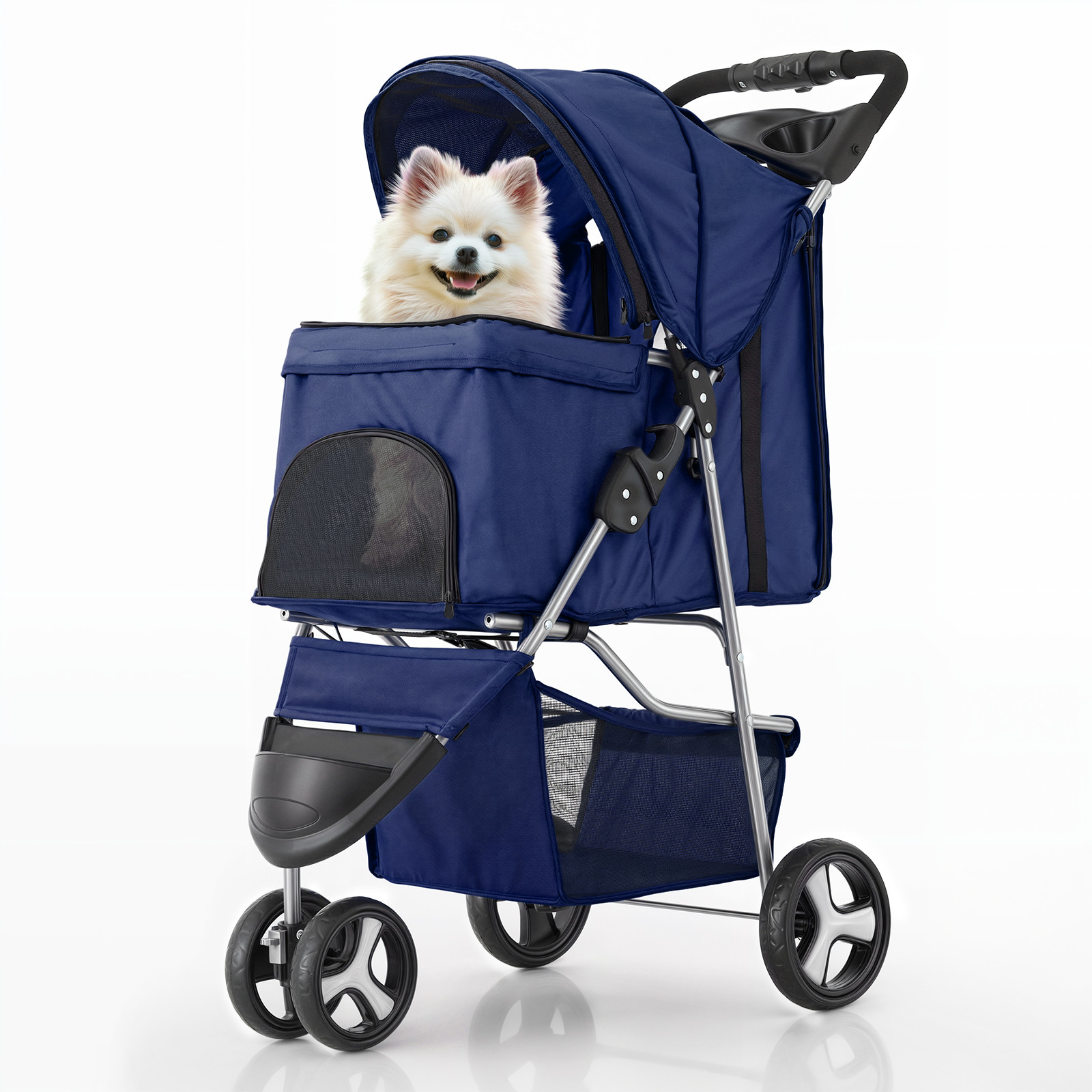Blue Foldable Dog Stroller Small Medium Pet Travel Cage Carrier Cart w/Sunshade