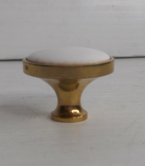 Vintage BRASS PORCELAIN White Knobs Drawer Pulls 1 1/4" diameter x 1" high