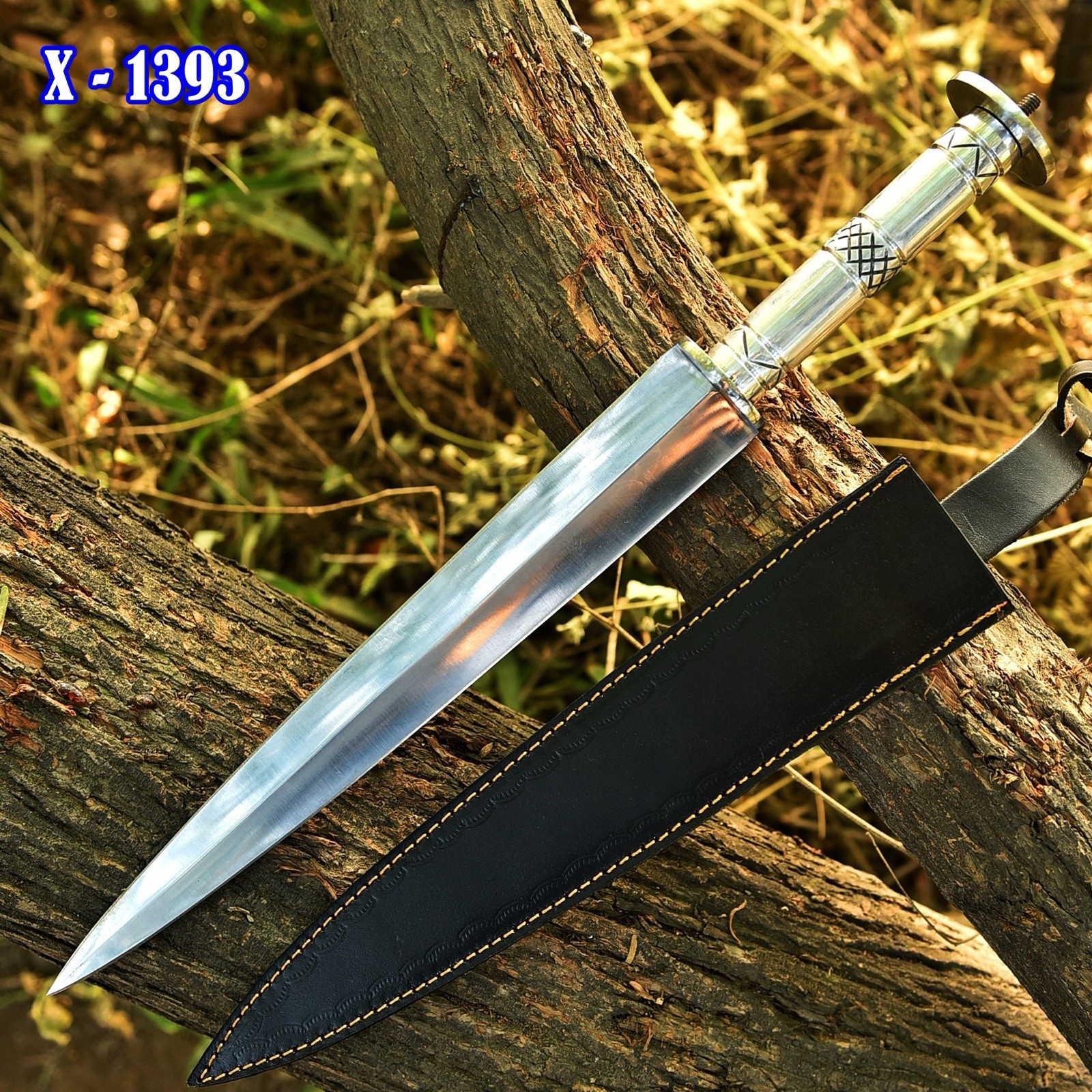 European Double Edge Sword dirk-style fighting blade With Leather Sheath