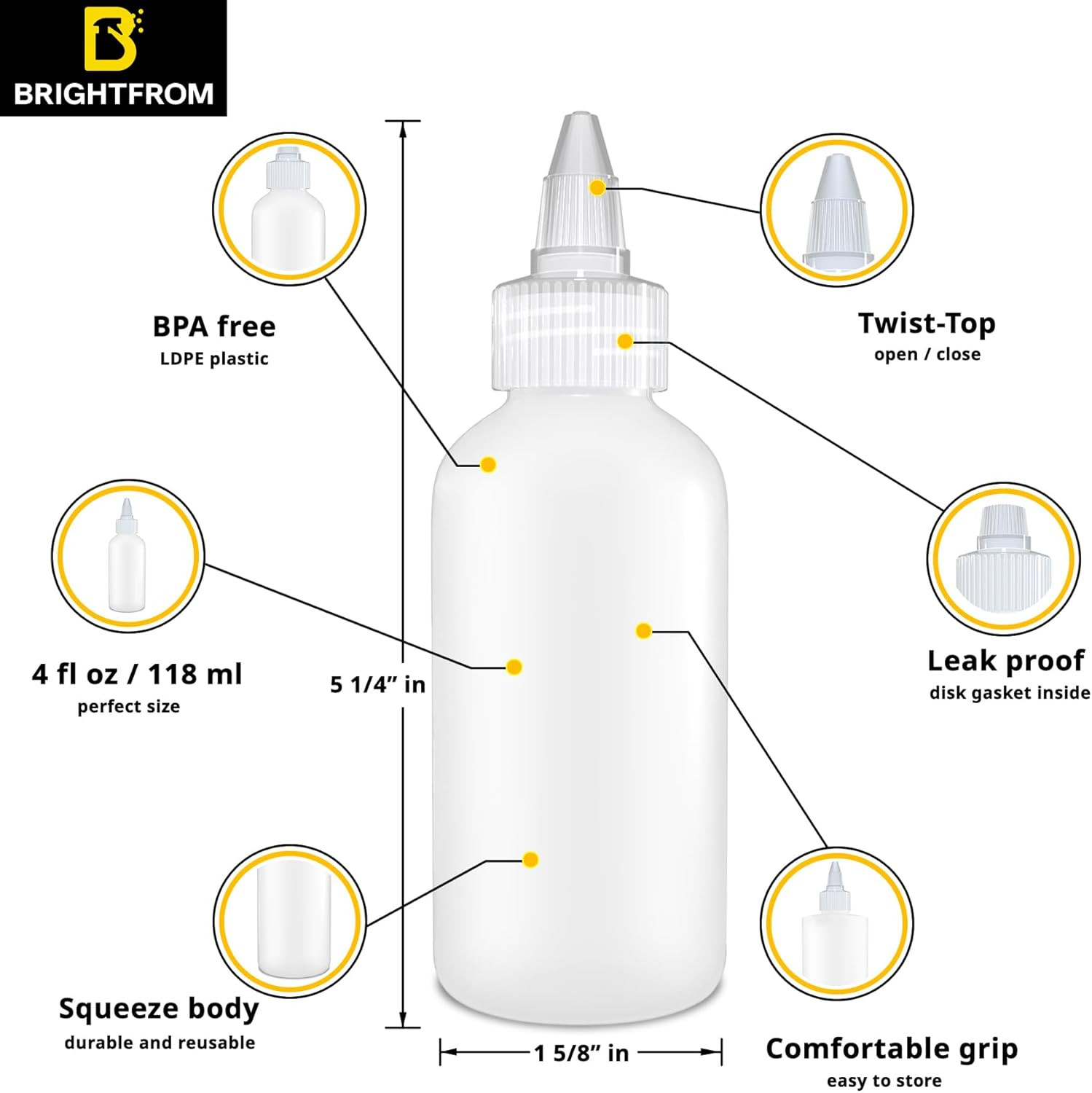 BRIGHTFROM Condiment Squeeze Bottles - 4 OZ Squirt Empty Bottles, Clear Twist To