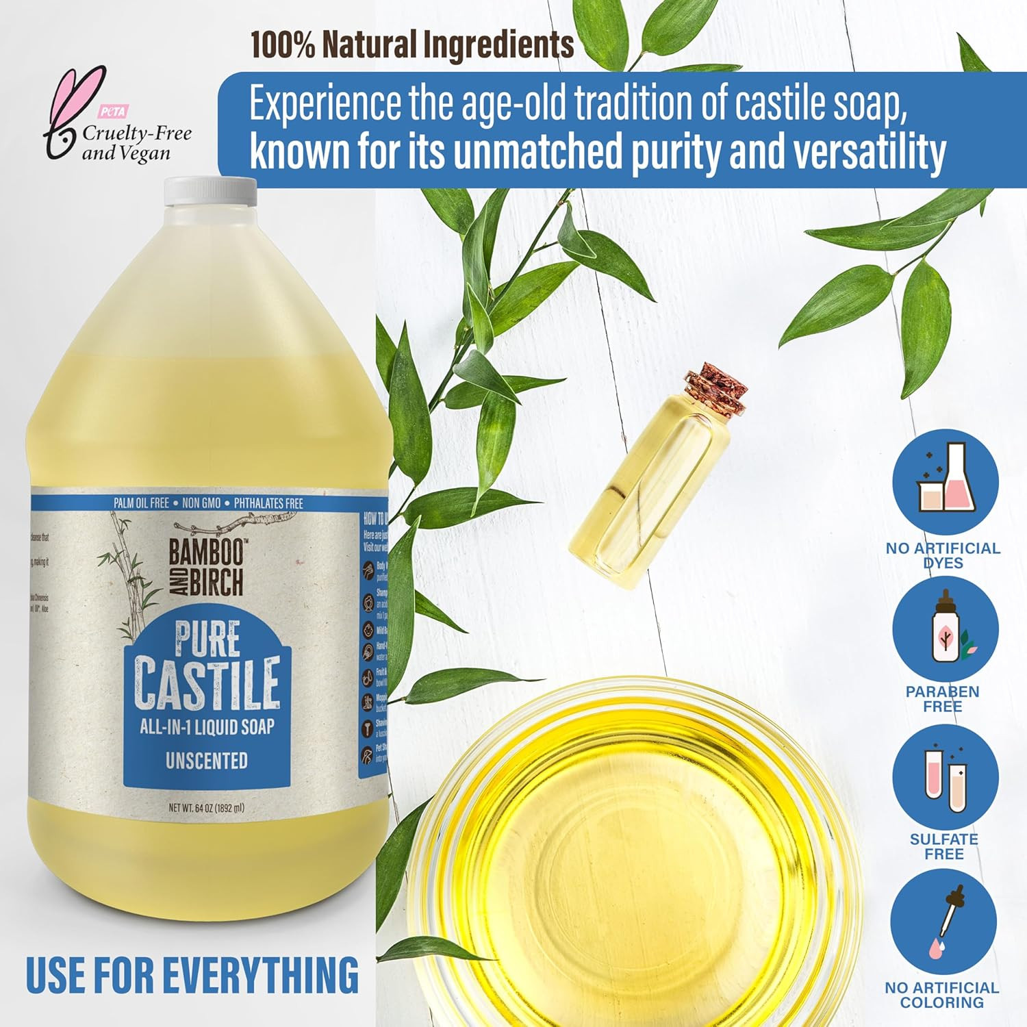 Pure Castile Soap Liquid Organic, Certified Palm 64 Fl Oz (Pack of 1) Unscented