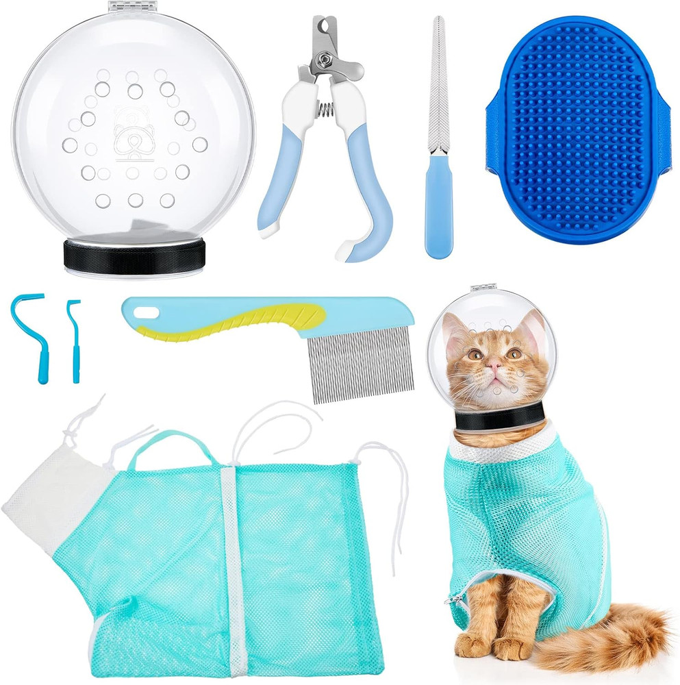 8 Pcs Cat Muzzle Set with Adjustable Cat Bathing Bag Breathable Clear Muzzle Pet