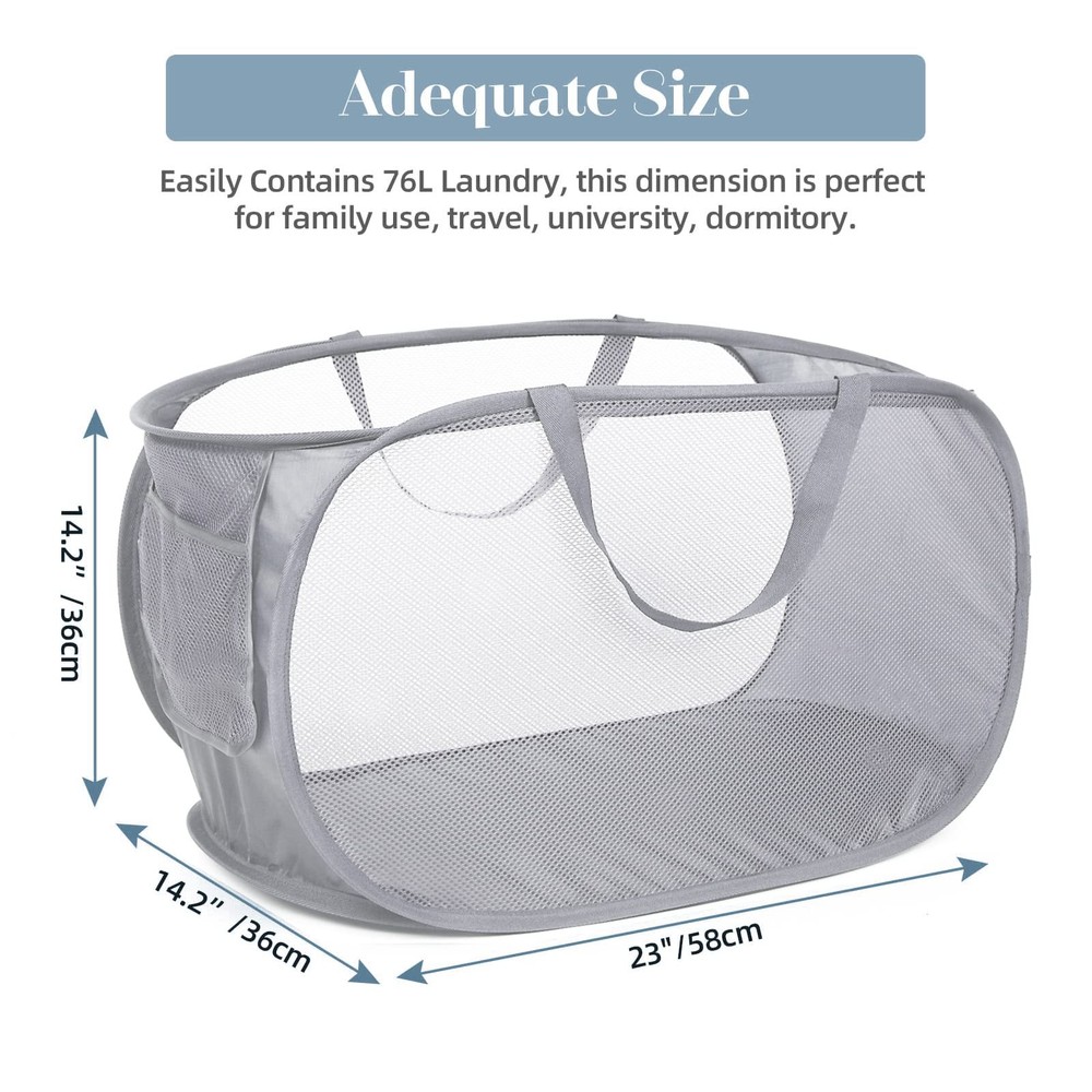 Durable Collapsible Laundry Baskets, Mesh Pop Up Laundry Hamper with Side Poc...
