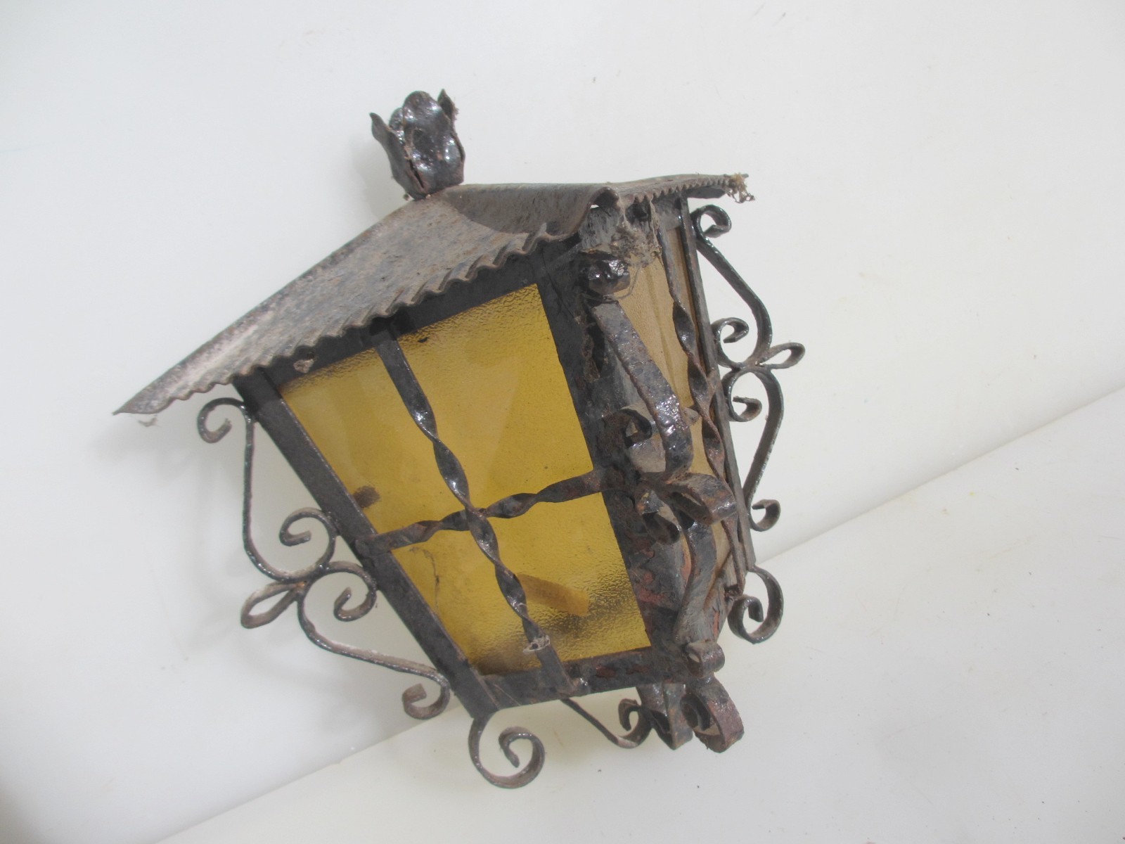 Vintage Wrought Iron Garden Light Shade Yellow Glass Antique Lantern