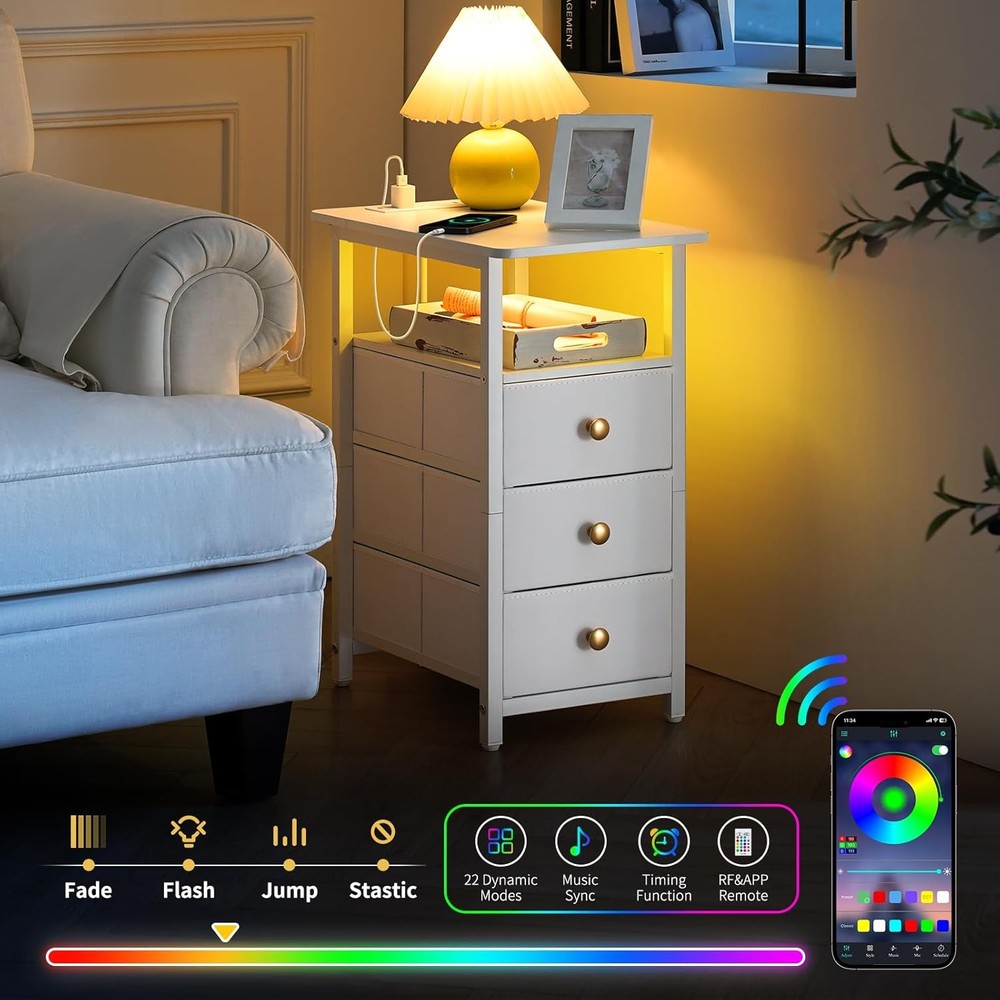 End Table W/ Charging Station LED Narrow Side Table Bedside Table Small Night