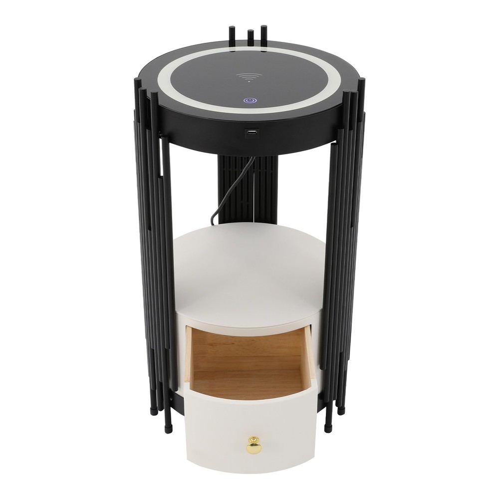 LED Bed Side Table Smart Nightstand w/ Wireless Charging Station Side/End Table