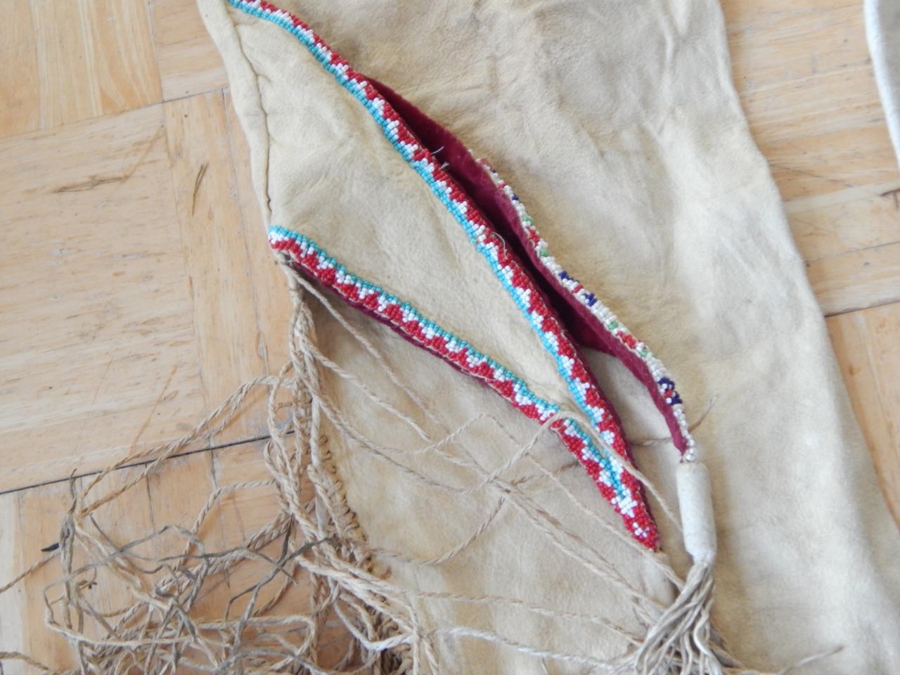 ANTIQUE COMANCHE SO. PLAINS INDIAN INDIAN BEADED HIDE LEGGINS TWISTED FRINGE