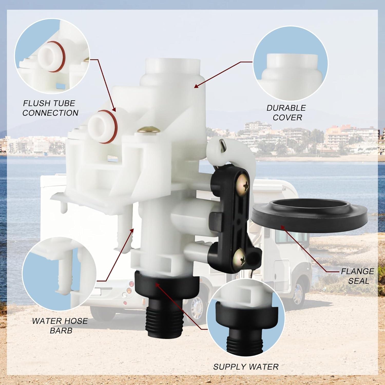 31705 31688 31687 31653 RV Toilet Water Valve kit- Freeze Resistance & White