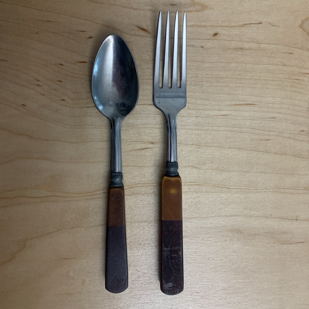 Bakelite Fork And Spoon Stainless Flatware Set Two Tone Brown