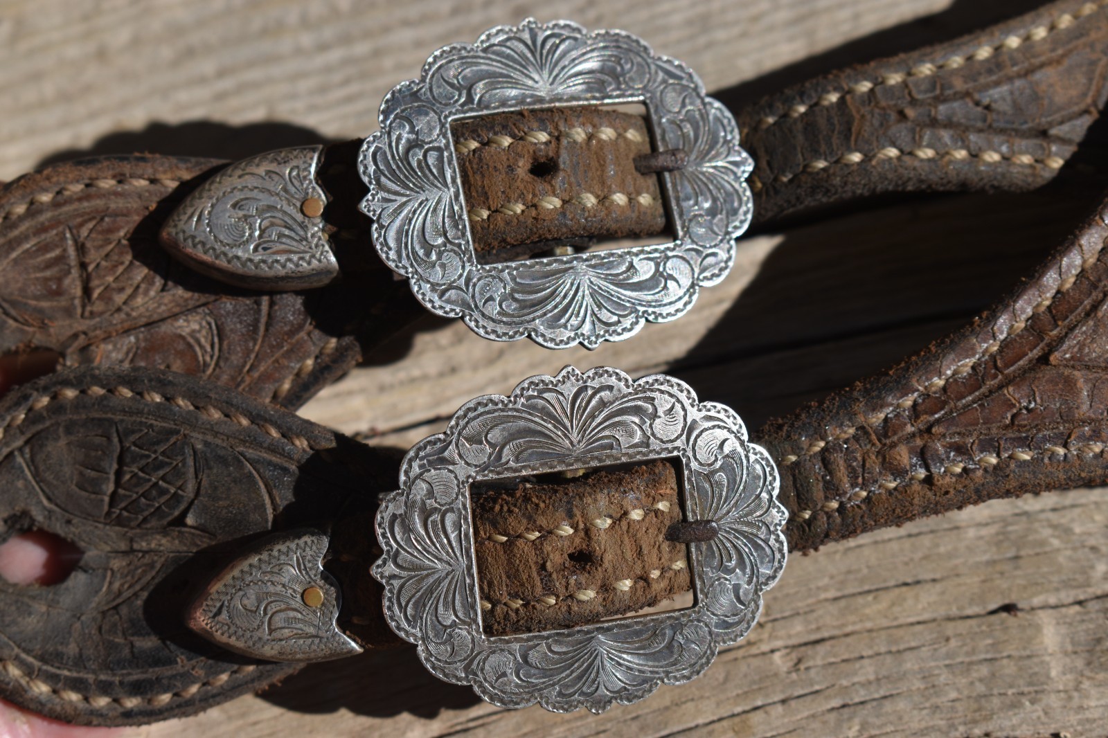VINTAGE STERLING OVERLAY BUCKLE / TIP SETS FOR SPUR STRAPS OR HEADSTALL