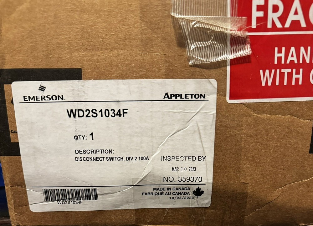 APPLETON EMERSON WD2S1034F DISCONNECT SWITCH. DIV.2 100A New