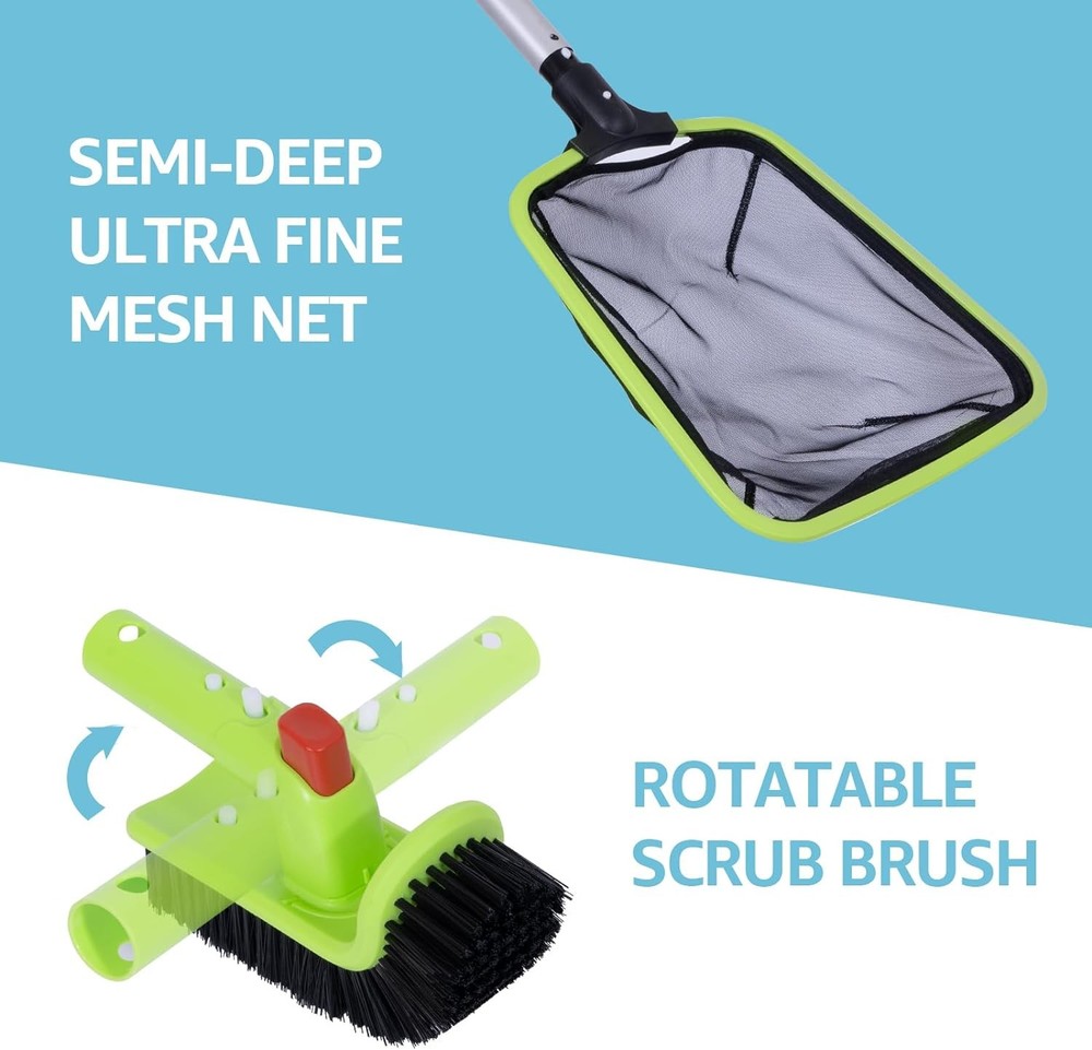 Deluxe Pool Cleaning Kit: Skimmer, Rotating Brush & Net for Debris & Algae