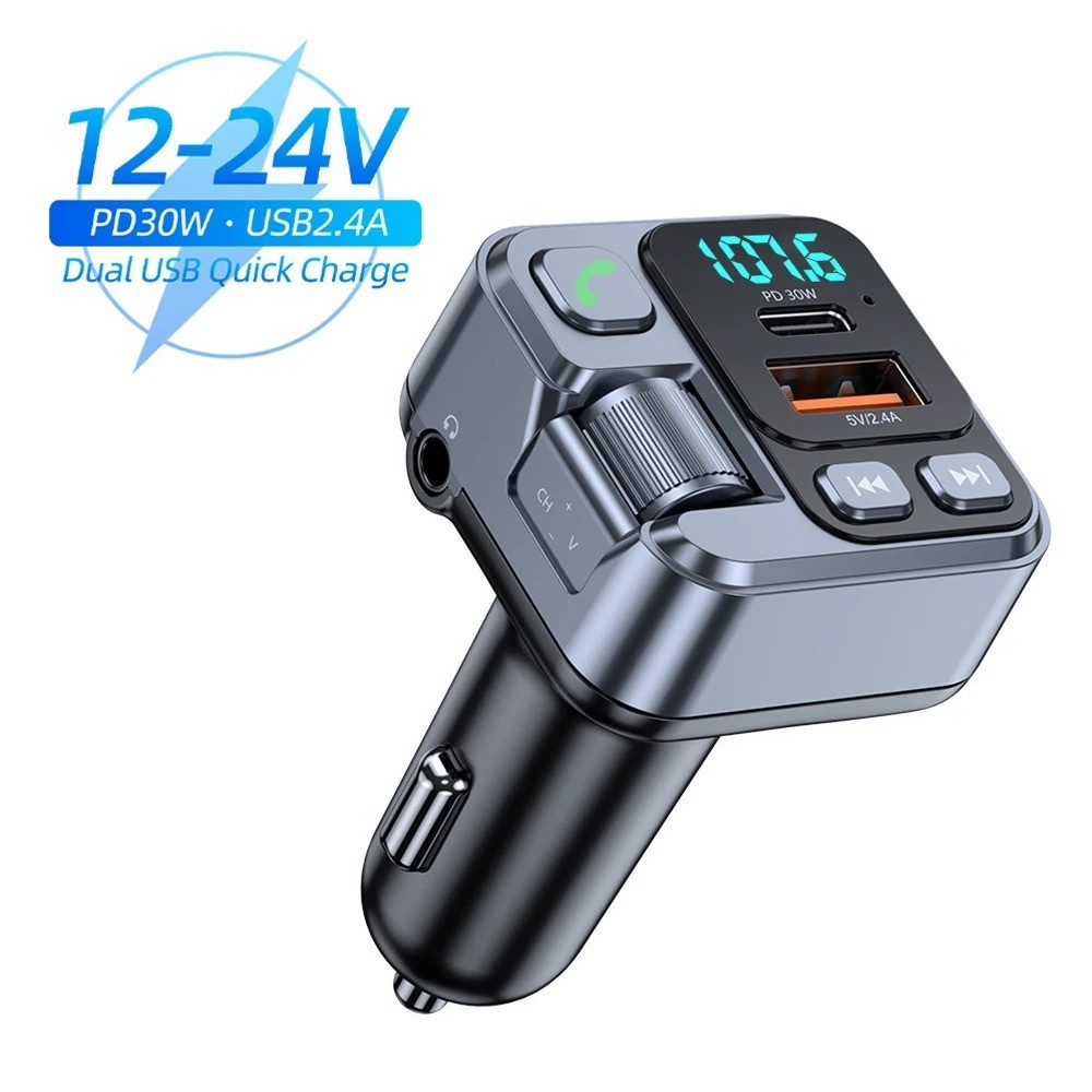 Bluetooth 5.1 FM Transmitter Car Kit Handsfree MP3 AUX PD 30W USB-C