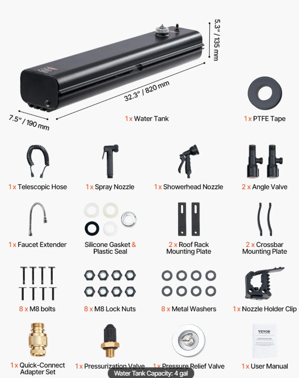 4.0 Gallon Self-Pressurized Water Tank for Camping Showers, Multiple Mounting