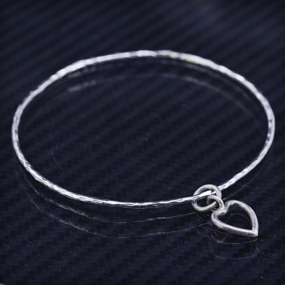7.5”, sterling silver 925 hammered bangle, stackable bracelet with heart charm