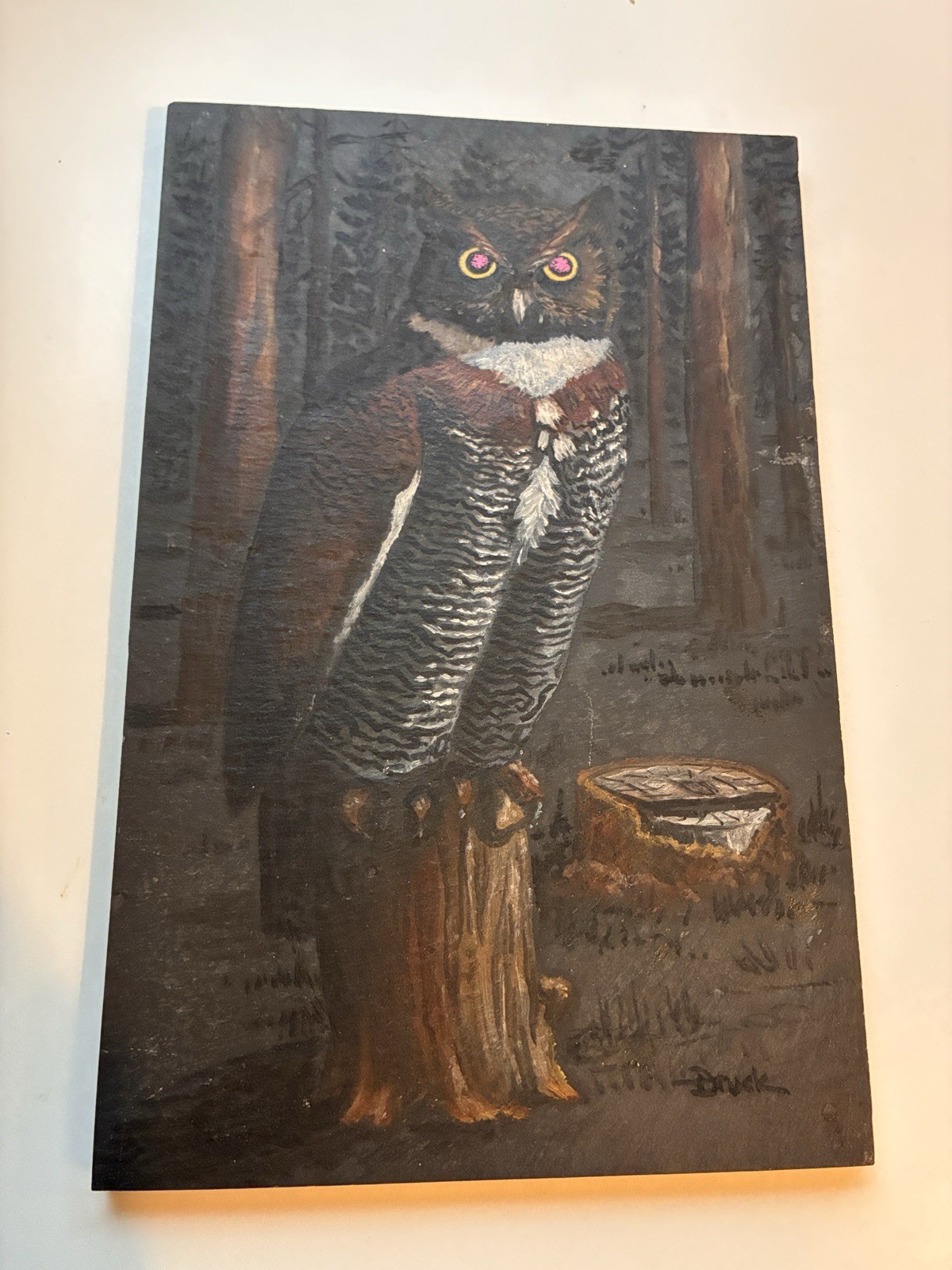 Esther Druck Great Horned Owl Painting Art Slate Tile Wildlife Hand Painted