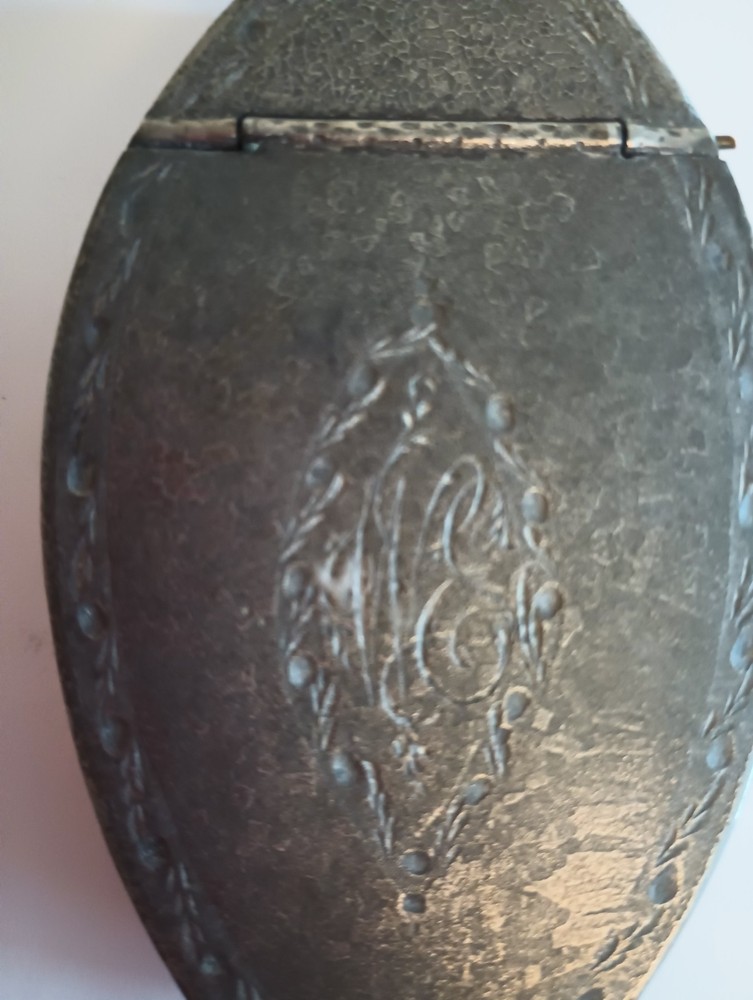 Antique Pewter Snuff Box Hinged Monogram Etched Decorated