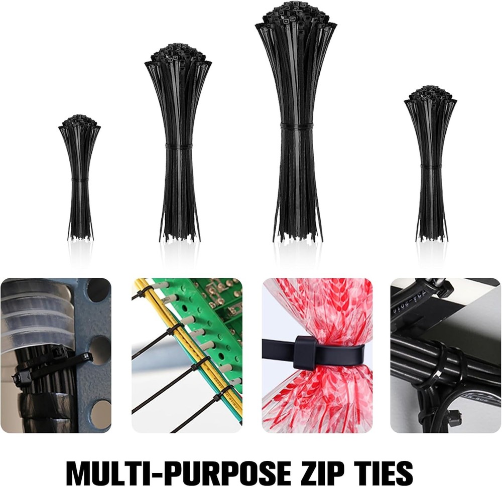 Zip Ties Assorted Sizes4”+6”+8”+12”, 2000 Pack,Black Cable Ties,Multi-Purpose...