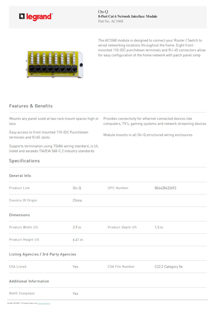 Legrand - Onq Cat 6 Network Interface Module with 8 Ports AC1068