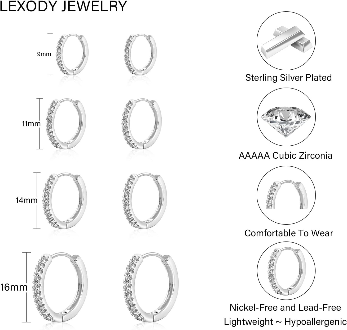 4 Pairs Small Silver Hoop Earrings Set for Women, Sterling Silver Tiny Lightweig