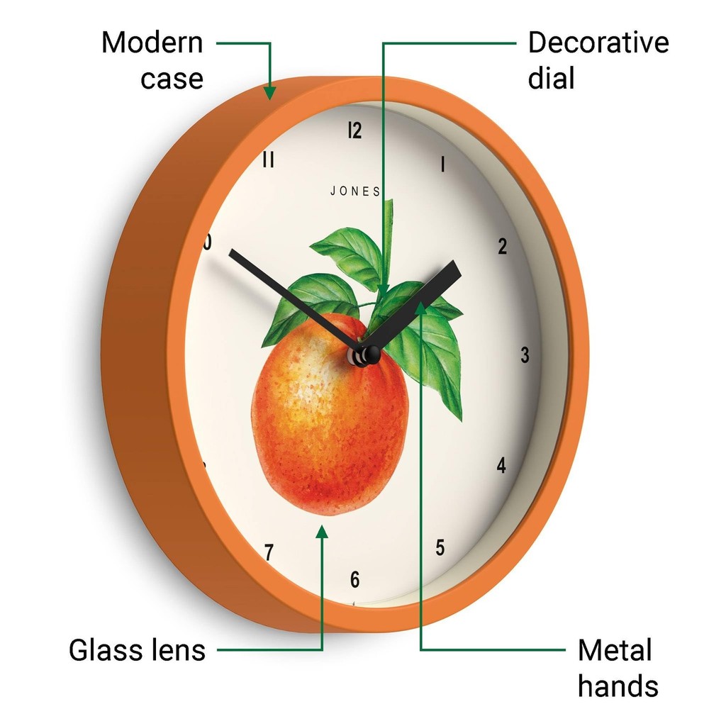 JONES CLOCKS® Fruit Wall Clock | Small Round Clock | 8 inch | Orange | Bota