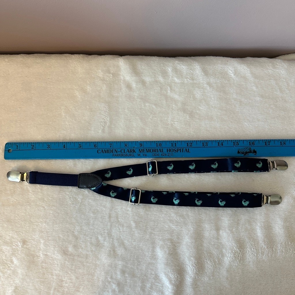 Boys Navy Teal Fish Print Suspenders Y-Back Adjustable Preppy Faux Leather