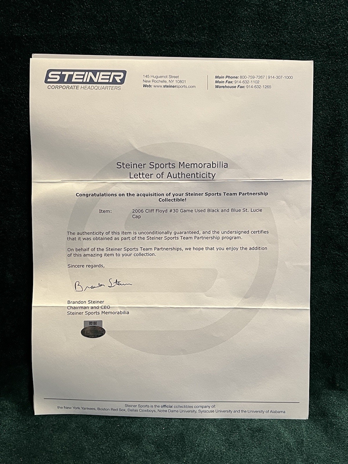 CLIFF FLOYD Game Used Hat/Cap ST LUCIE METS : 2006 Rehab NY Mets STEINER LOA