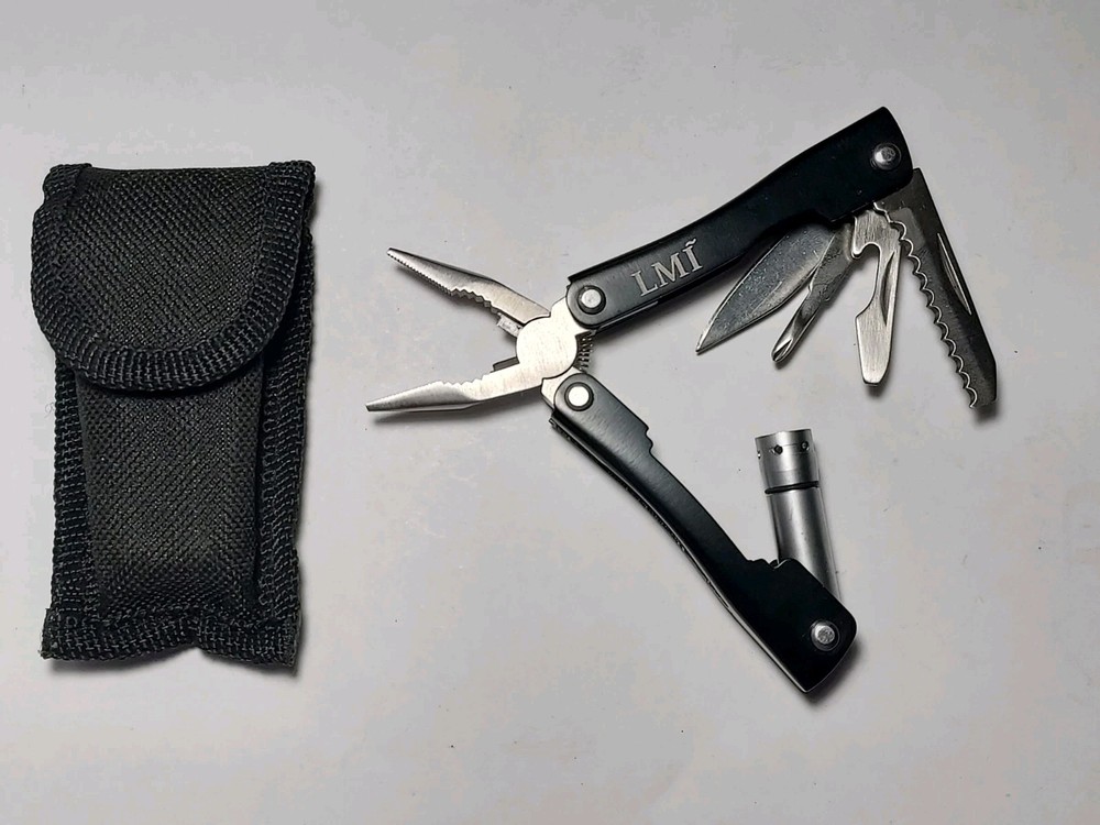 Black Mini Multi Tool with initials LMI + Nylon Pouch - Pliers, Blade