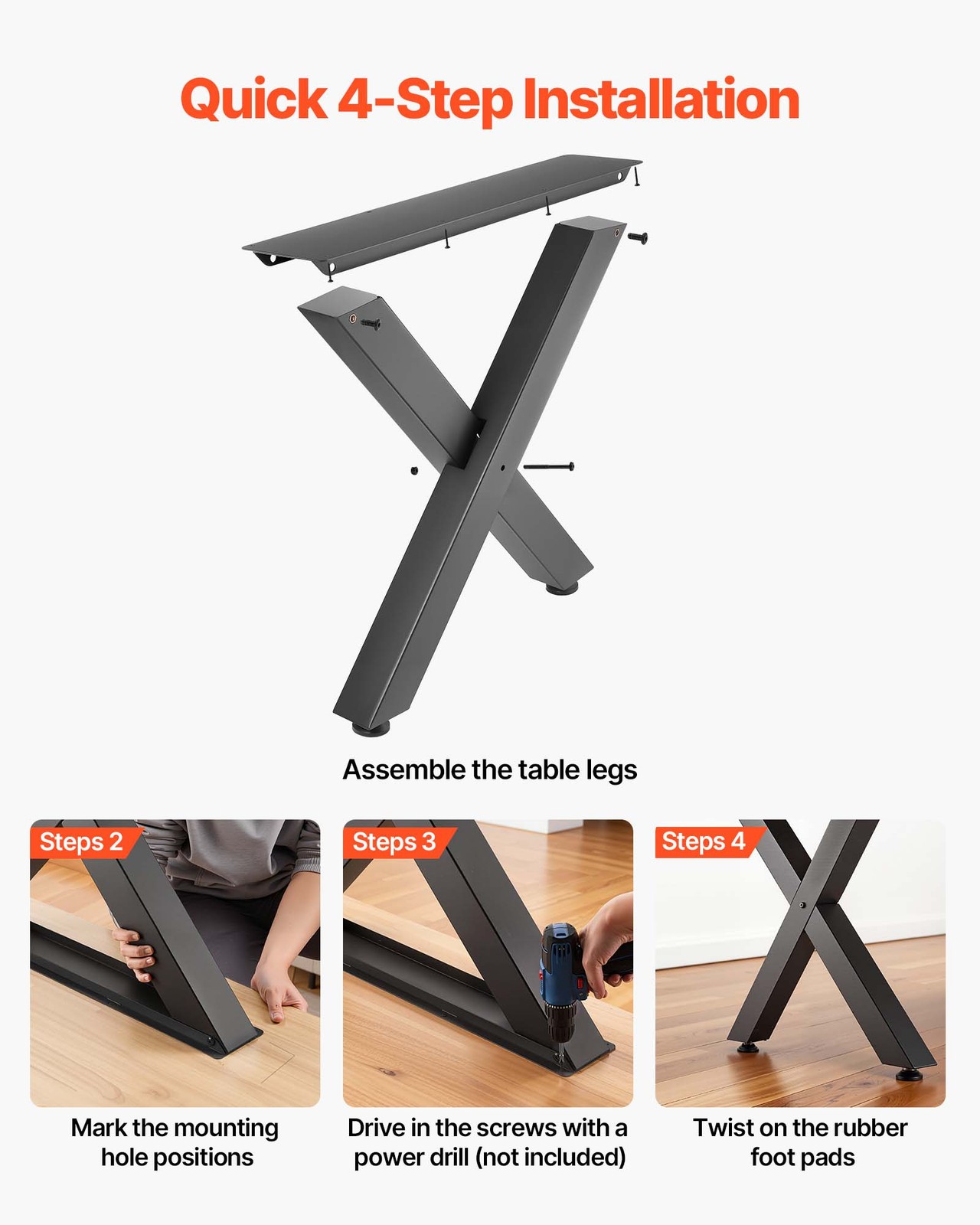 VEVOR Steel Table Legs 29.5 x 31.1 in X Frame 2204 lbs Heavy Duty Set of 2 Black