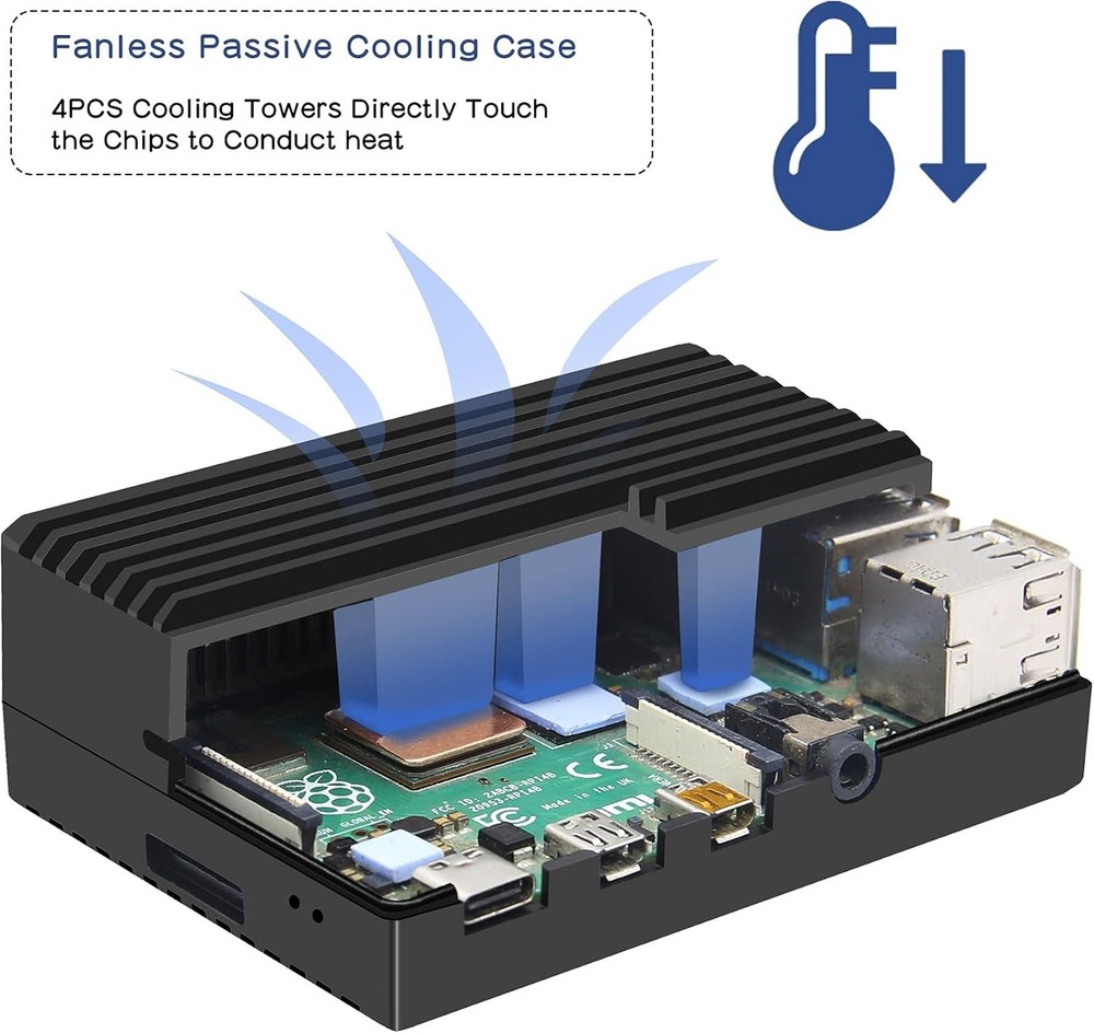 Aluminum Case for Raspberry Pi 4 Model B with Passive Cooling - Black