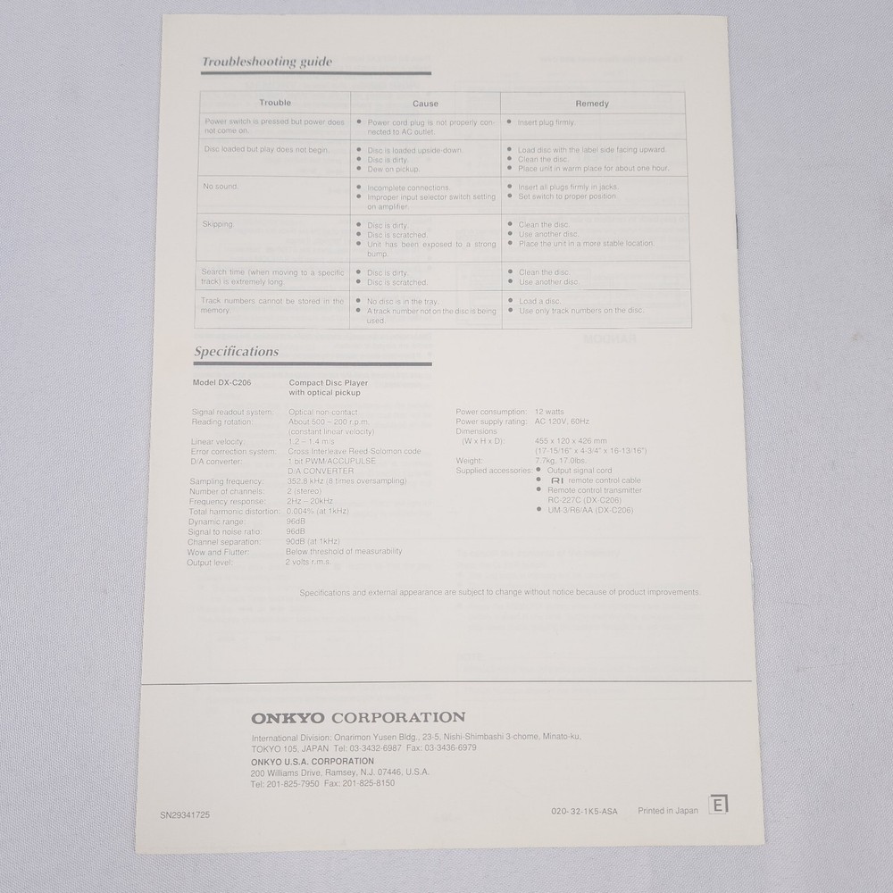 ONKYO DX-C206 C106 Compact Disc Automatic Changer Instruction Manual