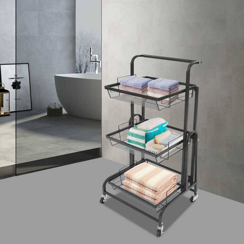 3-Tier Adjustable Metal Rolling Utility Cart, Multi-Functional Storage Cart